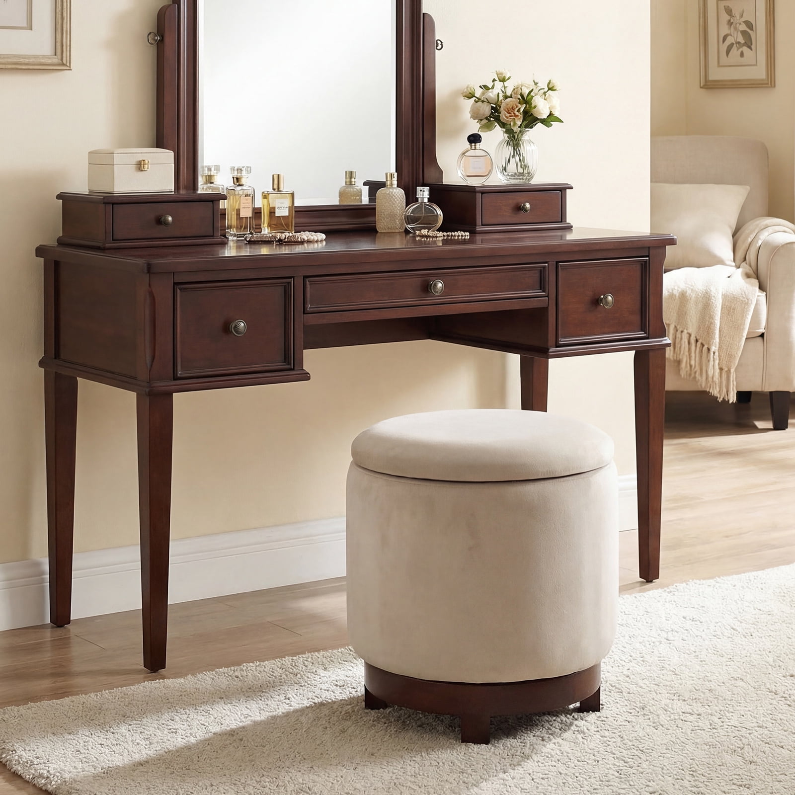Costway 360° Swivel Velvet Foot Rest with Hidden Storage, 400 Lbs Weight Capacity for Home White and Walnut