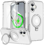 Dteck for iPhone 16 Case with Invisible Magnetic Ring Stand, Military-Grade Frosted Case with Built-in Screen Protector for iPhone 16 Case Compatible with MagSafe,Translucent