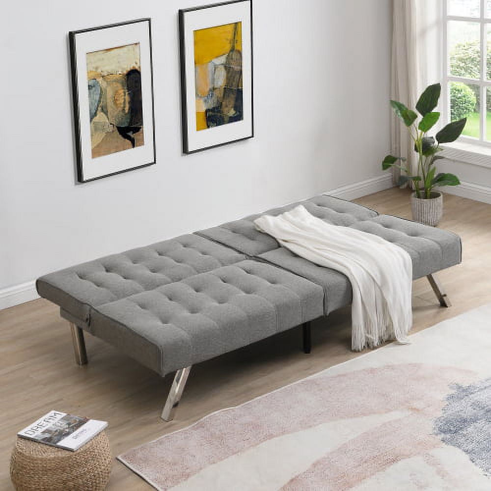 Leumius Convertible Futon Sofa Bed, Linen Fabric Upholstered Folding Futon for Living Room, Gray