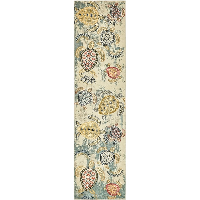 Unique Loom Positano Collection Coastal, Modern, Abstract, Turtles, Distressed, Vintage Area Rug, 2' 7 x 10' 0, Beige/Blue