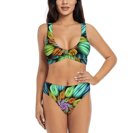 Kdxio Hippie Style Print Women s 2 Piece High Waisted Wrap Spaghetti Strap Summer Swimsuit Bikini Set-Medium