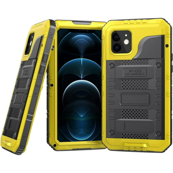 Waterproof Case for iPhone 12, Heavy Duty Durable Metal Full Body Built-in Screen Protection Case Waterproof Shockproof Dustproof Rugged Military Grade Defender for iPhone 12 6.1" - Yellow
