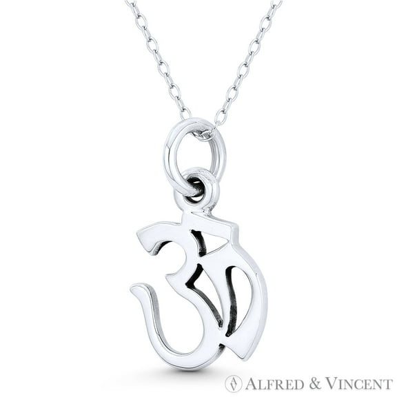 Om Aum Symbol Hindu / Buddhist Charm Pendant & Chain Necklace in Oxidized .925 Sterling Silver