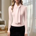 thumbnail image 2 of Enjoytime Shirts for Women Solid Color Ribbon Half High Neck Long Sleeve Blouses Elegant Commuting Business Casual Tops Pink M, 2 of 8