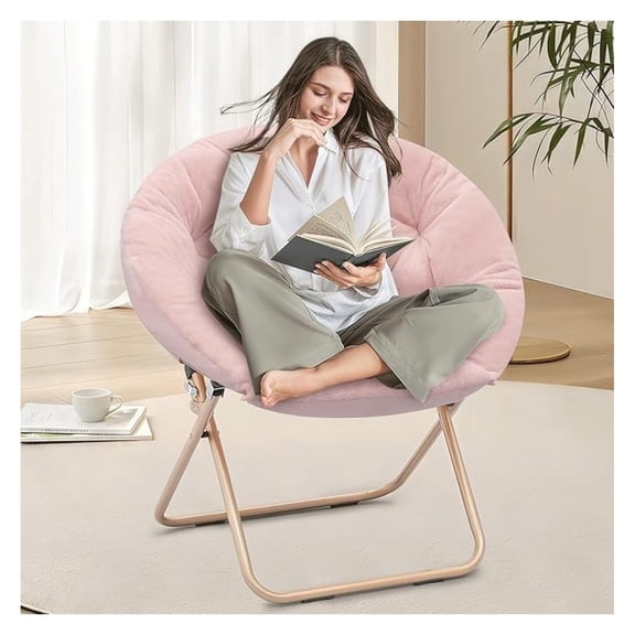Cozy Saucer Chair, Living Room Chair, Faux Fur Soft Thick Padded Folding Chair, Comfortable Moon Chair for Living Room, Bedroom, Reading Nook, Modern Style, Pink