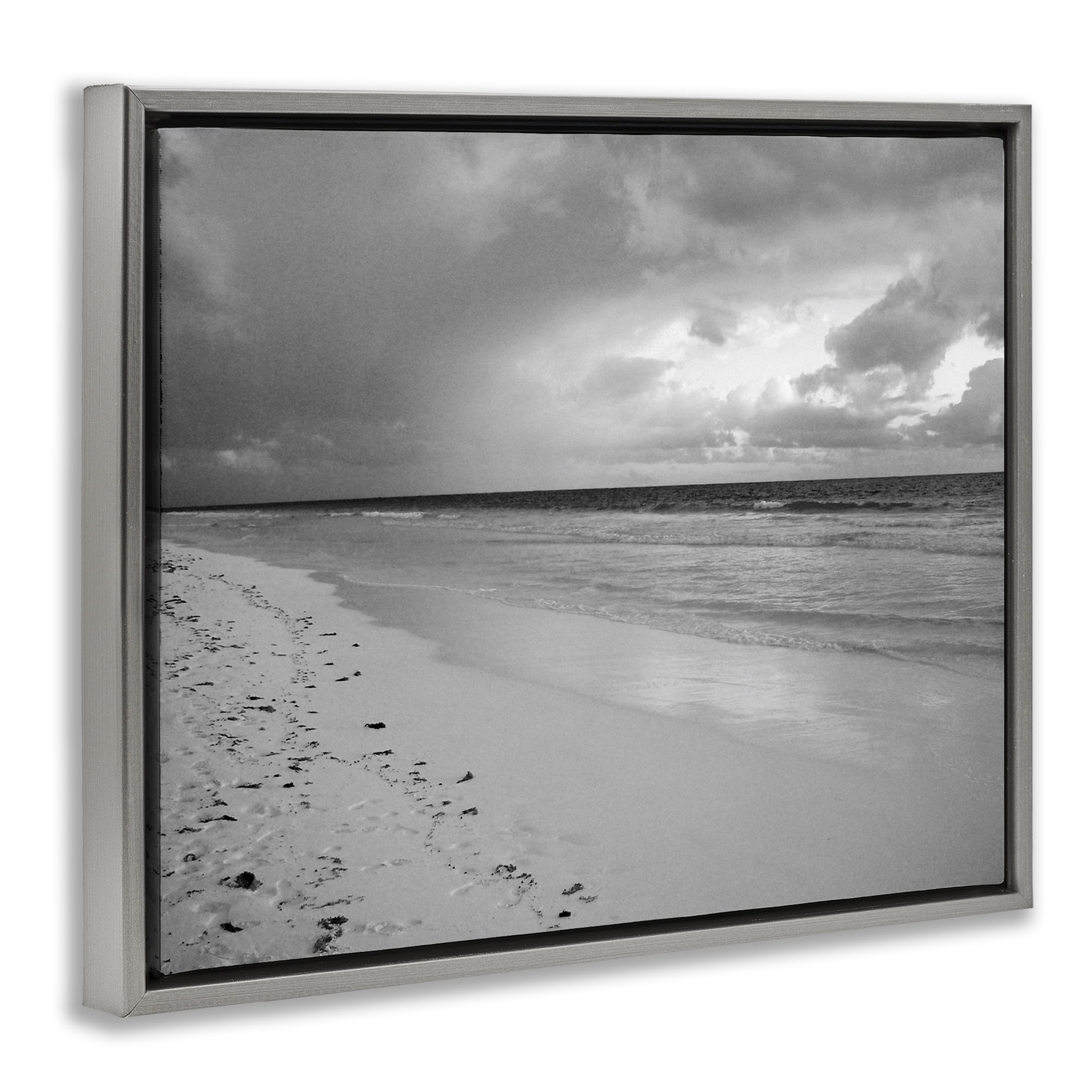 Stupell Industries Beach Shore with Footprints Coastal Photography Gray Floater Framed Canvas Art Print Wall Art, 21 x 17