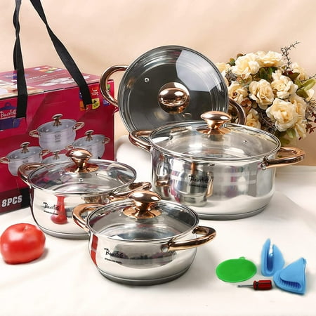 

Upgraded Version 8 Pcs Pots Set Nonstick Premium Stainless Steel Pots Pot Sets for Cooking Nonstick Clearance with Stainless Steel Handle and Glass Lid（1.5Qt 2.0Qt 3.0Qt 5Qt）