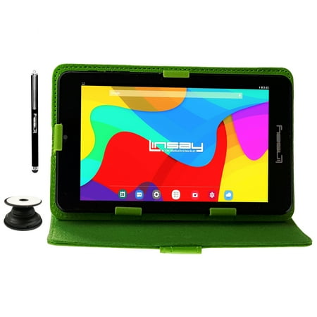 LINSAY 7" Quad Core 2GB RAM 64GB Storage New Android 13, WiFi Internet Tablet, Bluetooth with case Green Leather Case, Pop Holder and Pen Stylus