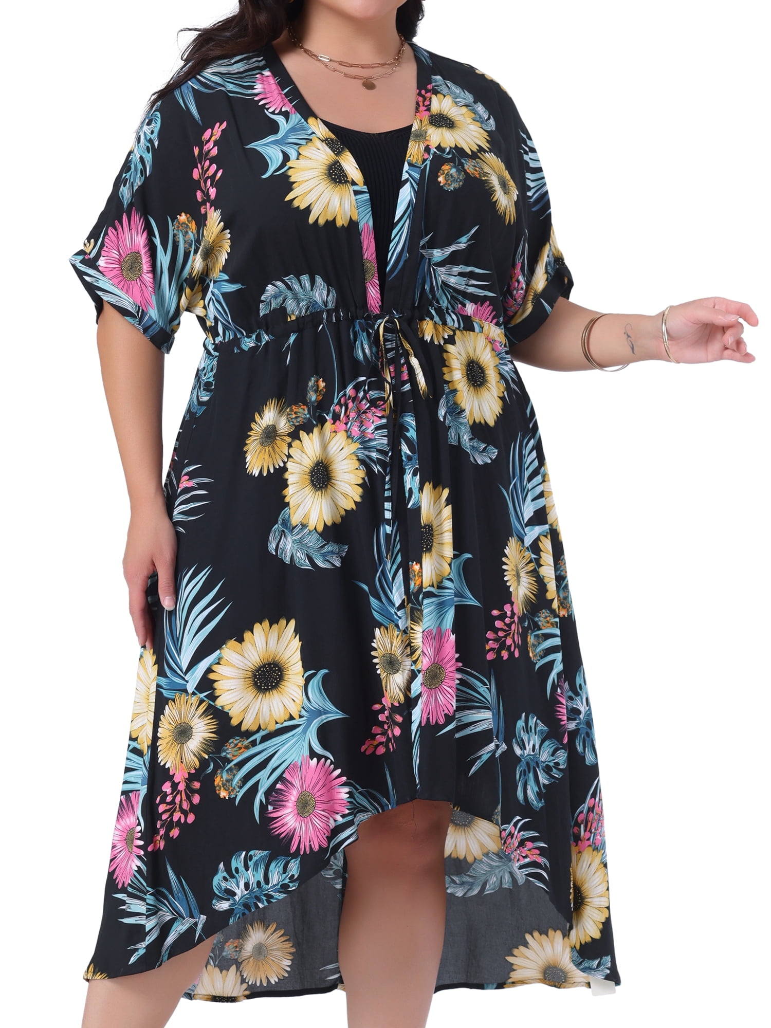 DARING DIVA Women Plus Size Floral Kimono Tie Front Cover Up 2X Black