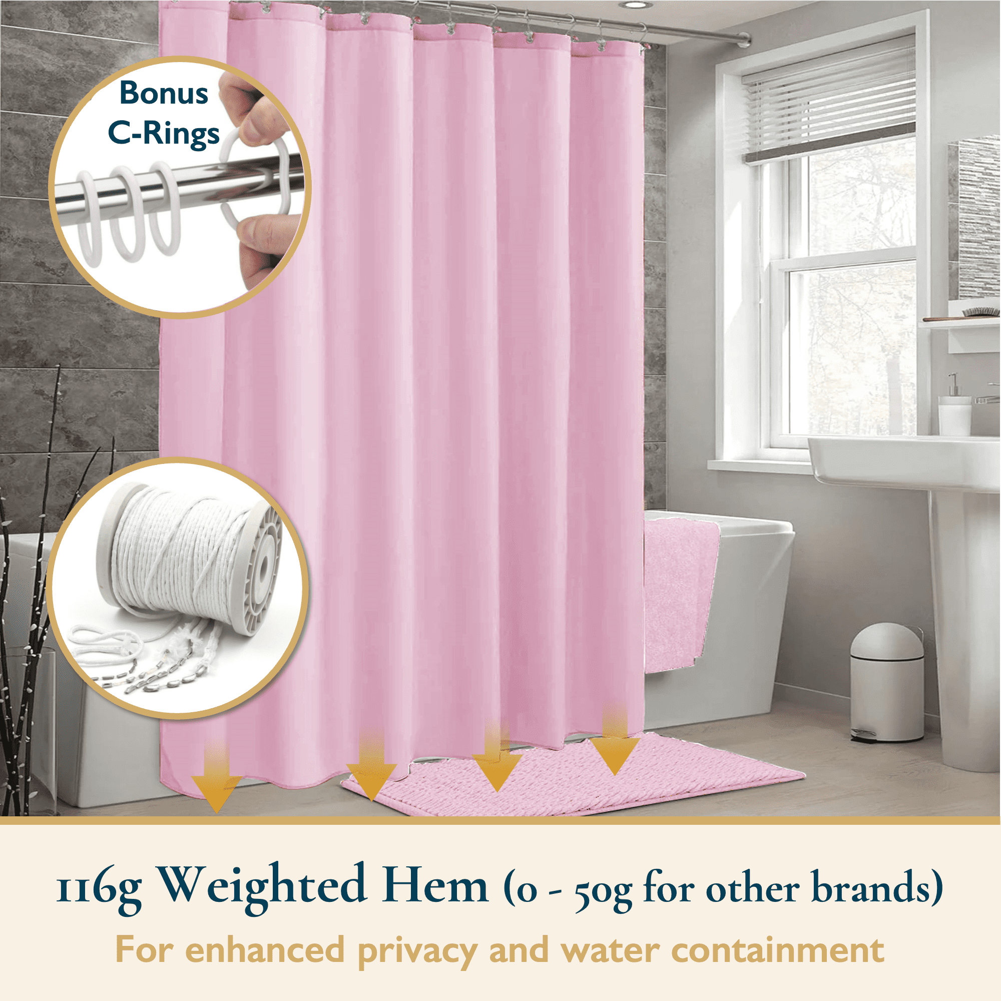 ComfiTime Shower Curtain/Liner with Hooks – 2-in-1 Mold/Mildew-Resistant, Weighted-Hem Fabric Bathroom Curtain, Water-Repellent TPU Coating, Machine-Washable, Fade-Resistant, Blush Pink, 72*96