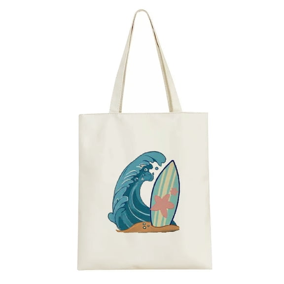 RKSupls Summer Canvas Tote Bag, Wave Pattern Reusable Shoulder Tote Bag for Women and Men, Large Durable Canvas Shoulder Bag Perfect for Grocery Work Beach Shopping