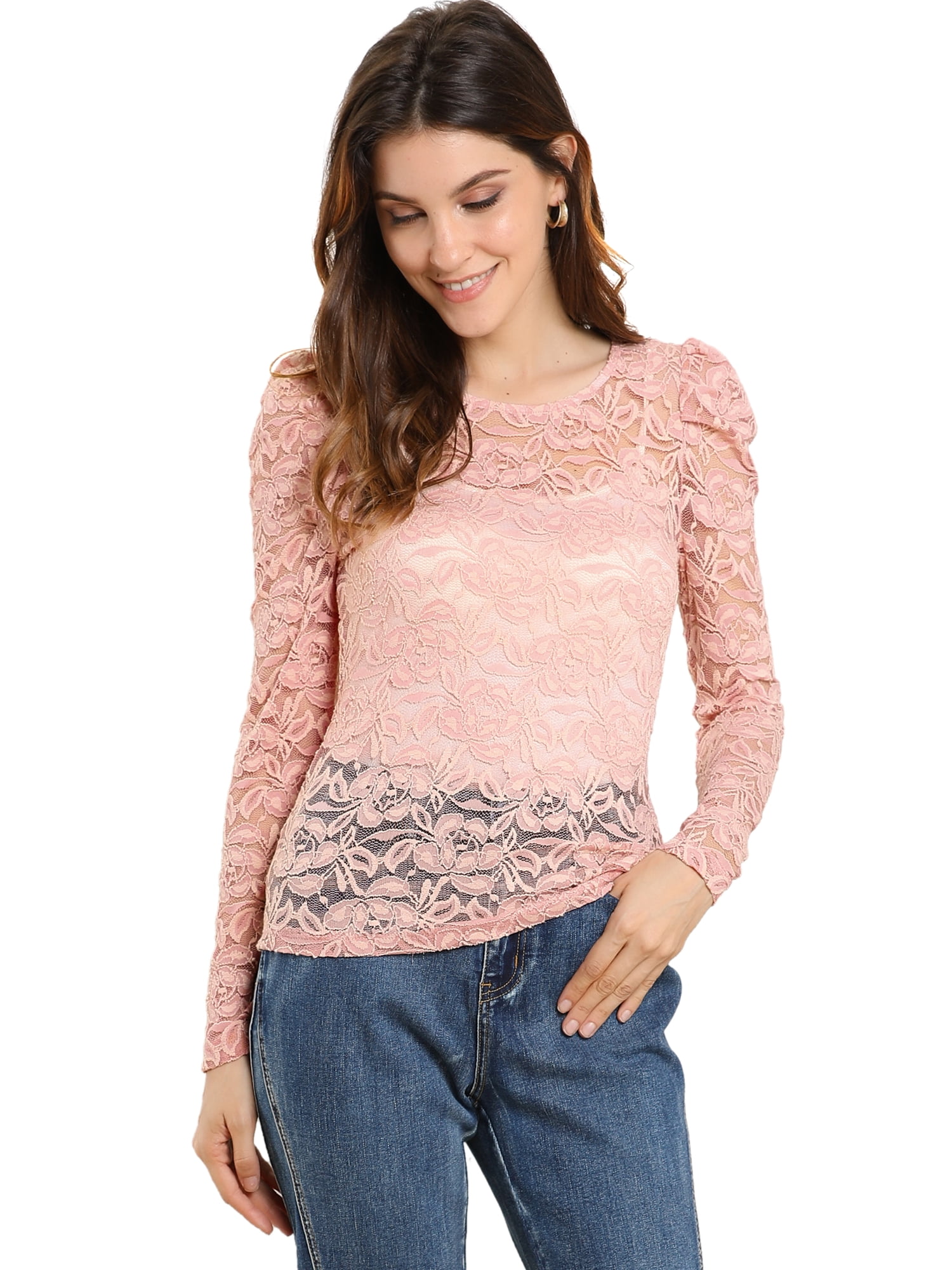 DARING DIVA Lace Embroidery Semi Sheer Puff Sleeve Tops 3XL Pink