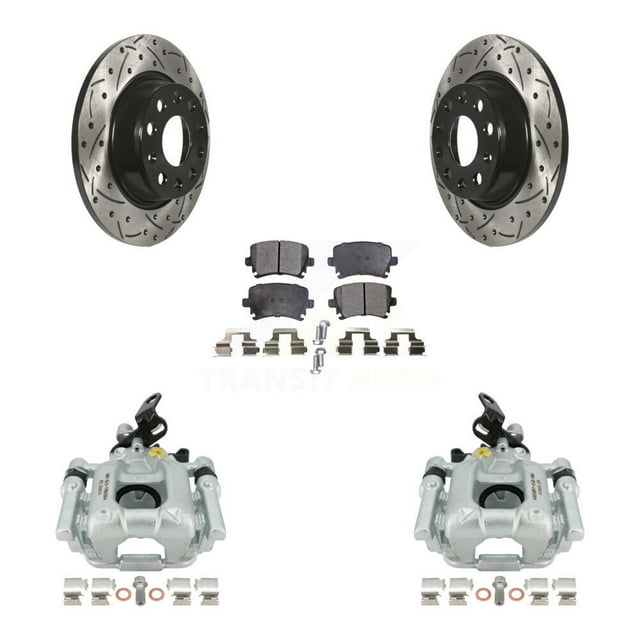 Transit Auto Rear Disc Brake Coated Caliper Drilled Slotted Rotors and Ceramic Pads Kit for Car Audi A3 Quattro Volkswagen Eos with 282mm Diameter Rotor KCD-100440T