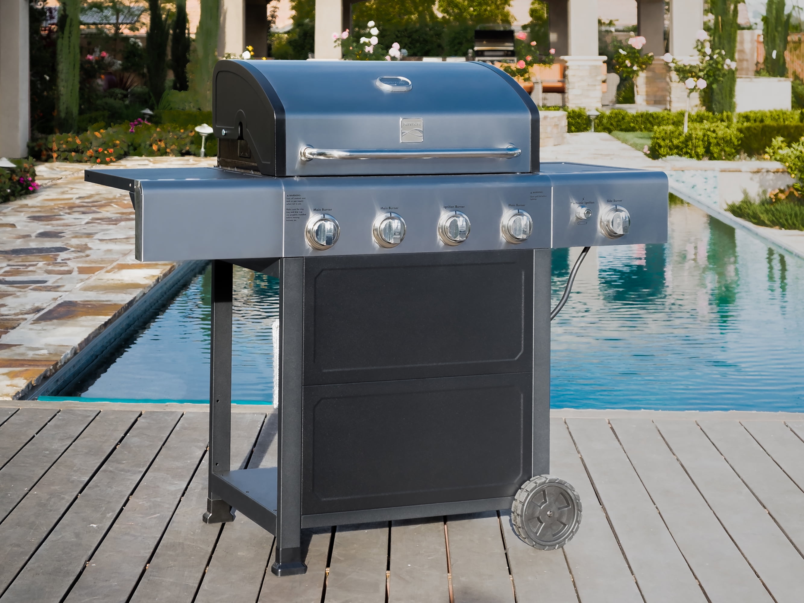 Kenmore 4-Burner Outdoor Propane Gas Grill with Side Burner, Open Cart, Stainless Steel/Black