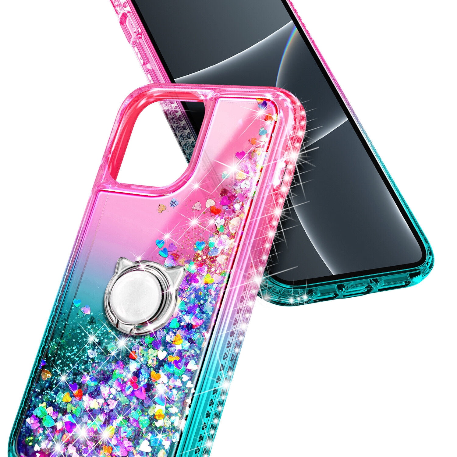 Case for iPhone 14 Plus, Moving Liquid Holographic Glitter Case with Kickstand, Women Slim Protective Case, Pink&Green