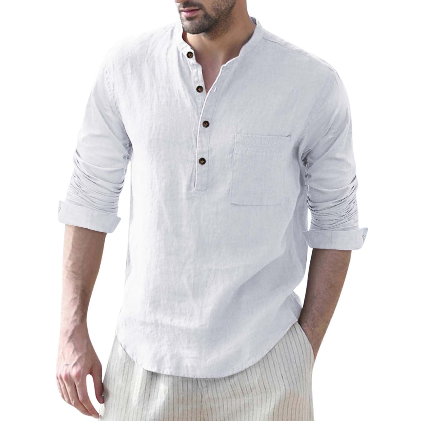 Mens Linen Long Sleeve Shirt Casual Button Down Hippie Beach