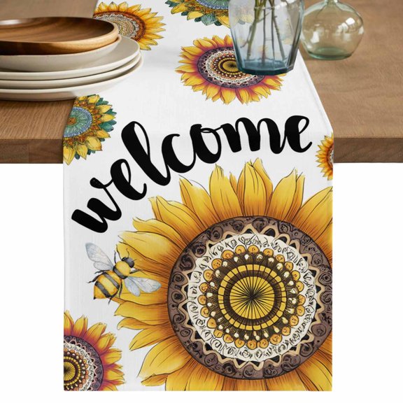 Welcome Table Runner 48 Inches, Summer Sunflowers Bohemia Floral Country Bed Runner Dresser Scarves Tabletop for Indoor Outdoor Parties/Ceremony/Banquet, 13" x 48"