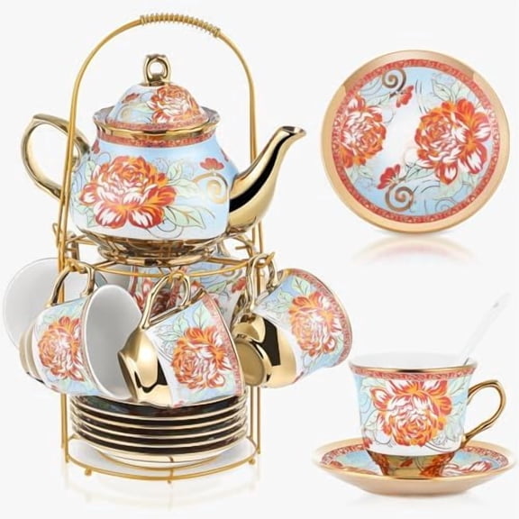 20 Pcs Porcelain Tea Set with Metal Holder and Spoon Adult Ceramic Tea Set European Flower Painting Teapot Cup Saucer Spoon for Women, Large Version(Retro Style)