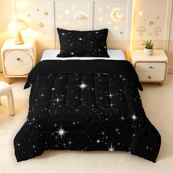 Manfei Lovely Stars Twin Comforter Sets,Kawaii Cartoon Theme Bedding Set,Black White,Black Reversible,2pcs,1 Comforter and 1 Pillowcase