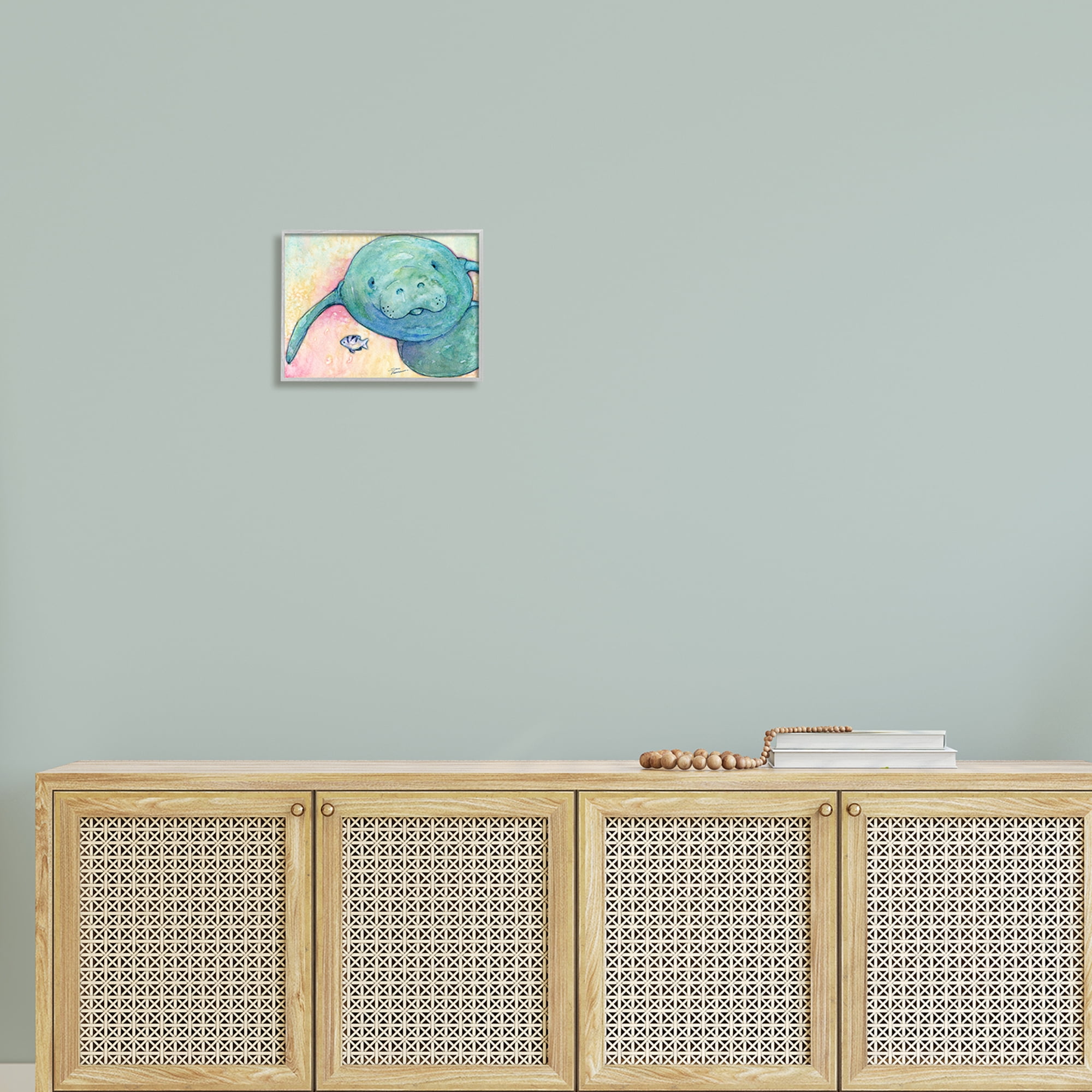 Stupell Industries Smiling Manatee Aquatic Wildlife Fish Rainbow Pattern Painting Gray Framed Art Print Wall Art, Design by Steve Vanderbosh