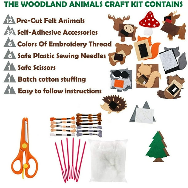 Kit De Costura DIY De Animales Del Bosque Para Niños, Set De Fieltro Con 12 Figuras, Agujas De Plástico Y Tijeras Seguras