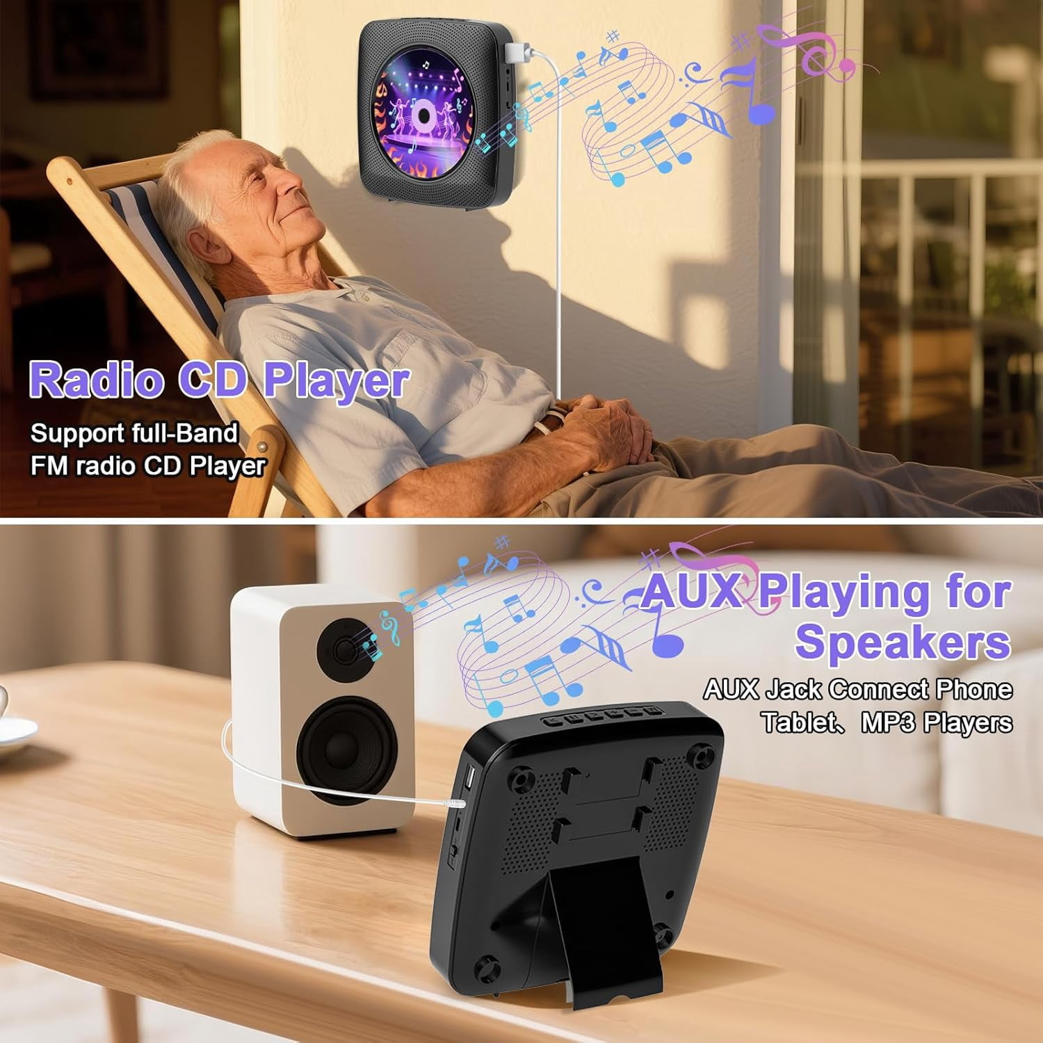 Gueray Portable CD Player Bluetooth: CD Players for Home Rechargeable Desktop Wall Portable CD Player with Bluetooth & Dual Speakers Music Player