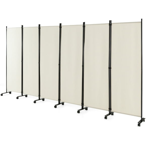 Costway 6-Panel Folding Room Divider 6FT Rolling Privacy Screen with Lockable Wheels White