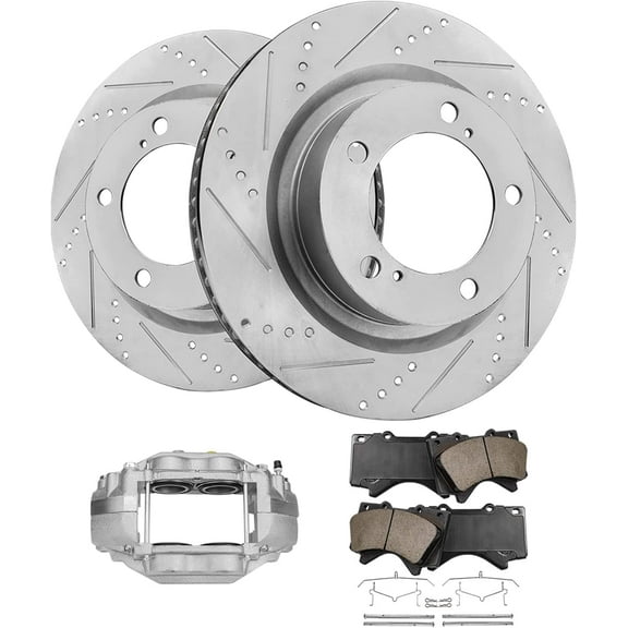Detroit Axle - Front Brake Kit for 2007-2016 Toyota Tundra, 2008-2016 Sequoia, Drilled Slotted Brake Rotors Ceramic Brake Pads Brake Caliper Replacement