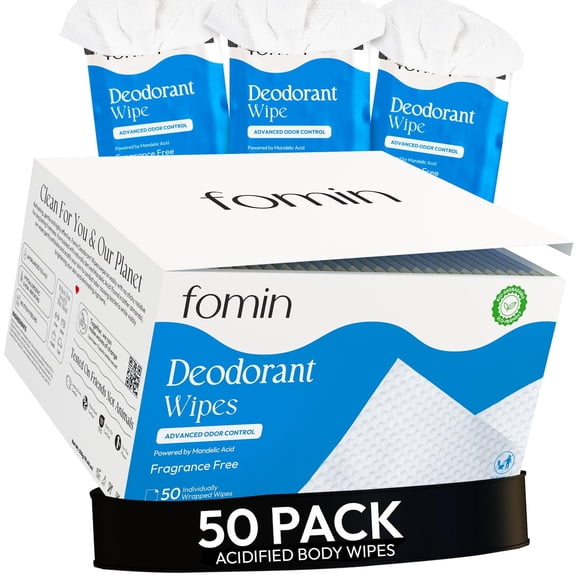 FOMIN Acidified Travel Deodorant Wipes For Women & Men - 50 Count - Fragrance Free - pH Balanced, Mini Deodorant Travel Size Wipes - Plastic-Free, Individually Wrapped Underarm Body Wipes