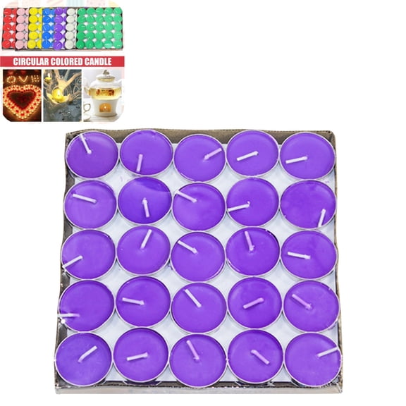 50 Pack Colored Tealight Candles, Smokeless Round Mini Tea Light Candles for Wedding, Party, Home Decor & Candle Warmer Purple