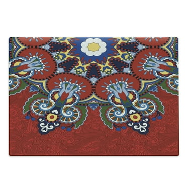 Mandala Cutting Board, Russian and Ukranian Lace Like Flowers Leaves Swirls Vintage Art, Decorative Tempered Glass Cutting and Serving Board, Large Size, Multicolor, by Ambesonne