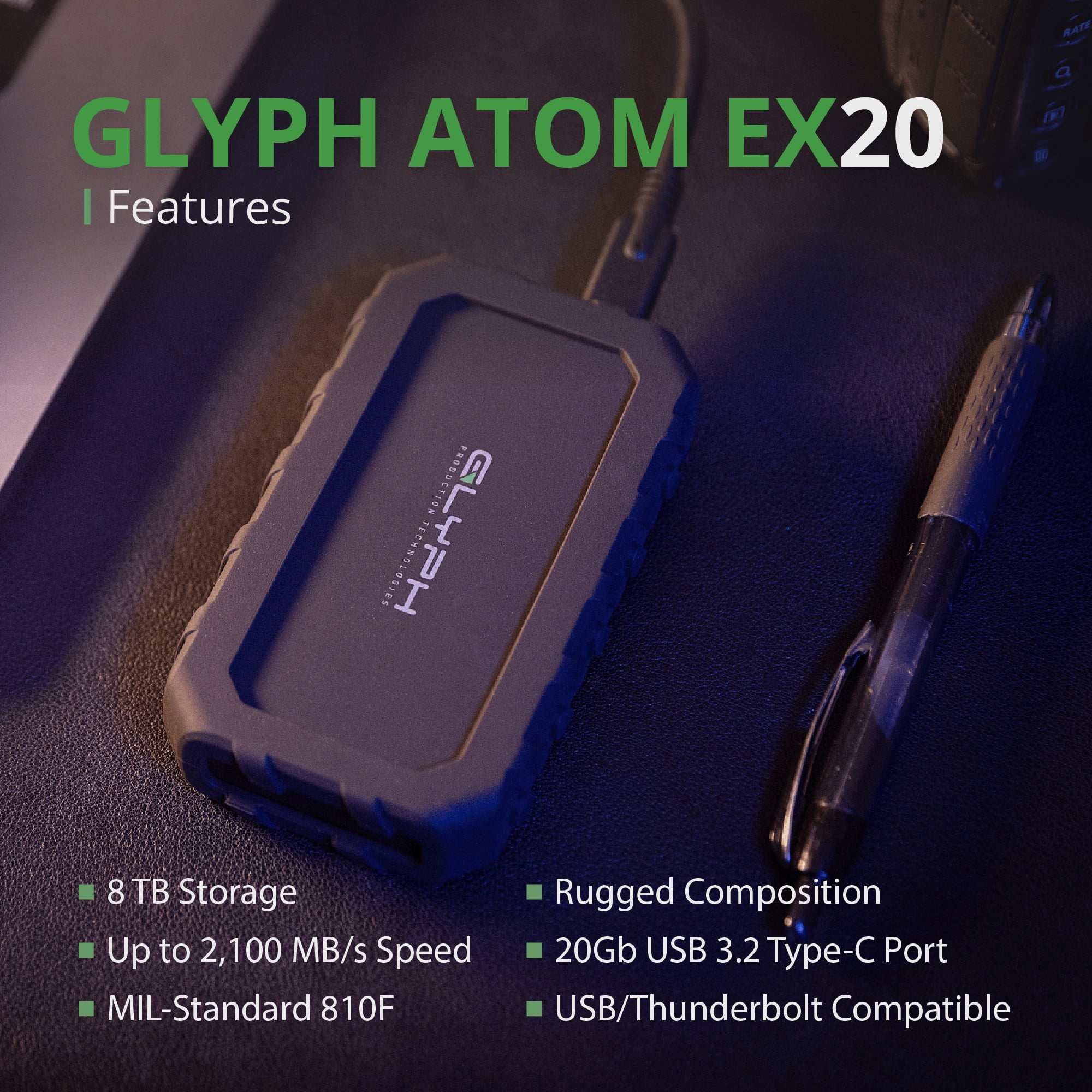 Glyph Atom EX20 High-Intensity 8TB Portable NVMe SSD with USB-C 3.2 Port, Increased Thermal Capacity, and Up to 2,100 MB/s Transfer Speed (Black)