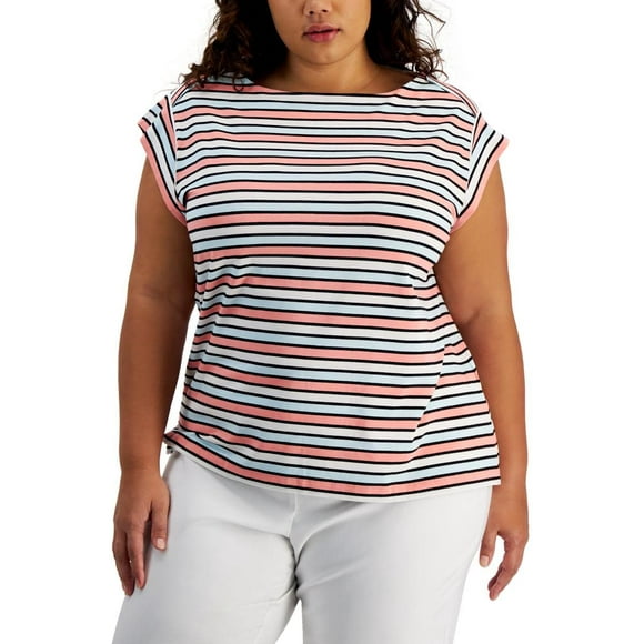 Anne Klein Womens Plus Modal Blend Striped Pullover Top Pink 3X