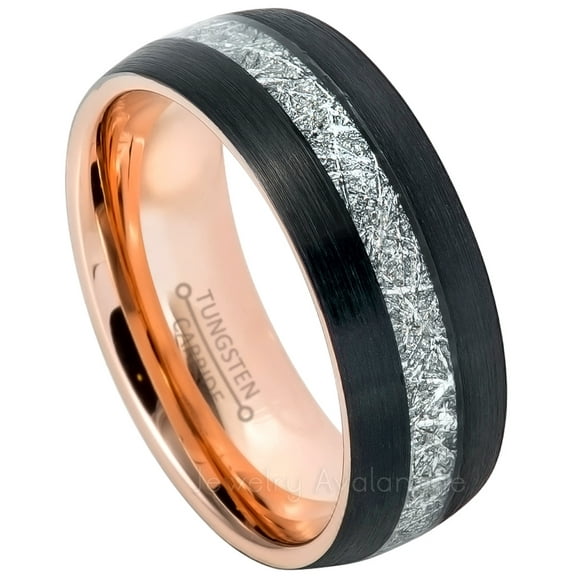 3-Tone Tungsten Carbide Ring with Meteorite Inlay, Black IP with Rose Gold IP Inner Tungsten Wedding Band JATN630Ns12.5