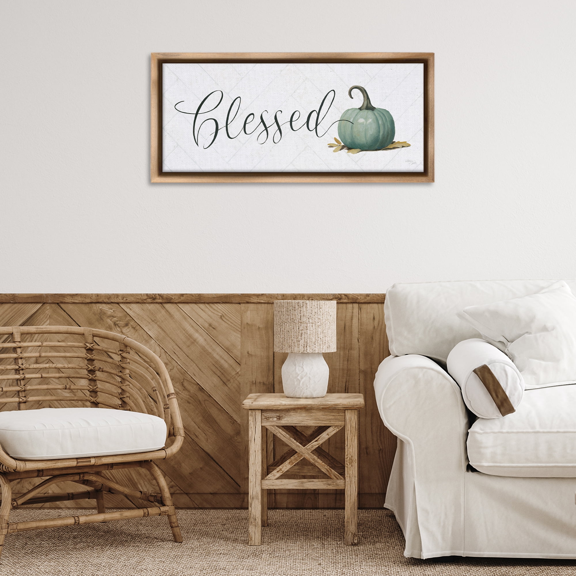 Stupell Industries Blessed with Pumpkin Typography Painting Brown Floater Framed Canvas Art Prints Wall Art, 31 x 14