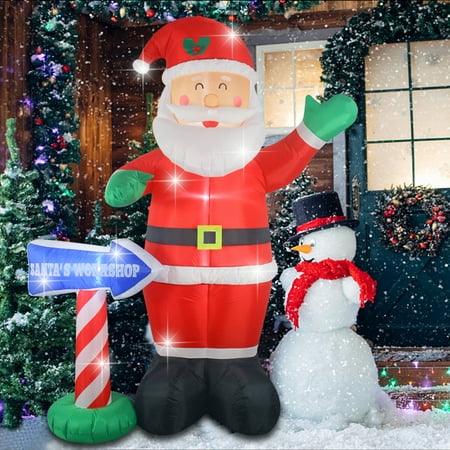 Fashionlite 8ft Christmas Inflatable Santa Claus with Santa's Workshop Sign Yard Decorations, LED Lights Blow Up Inflatables for Xmas Indoor Outdoor Home Garden Family Prop Lawn Decoration