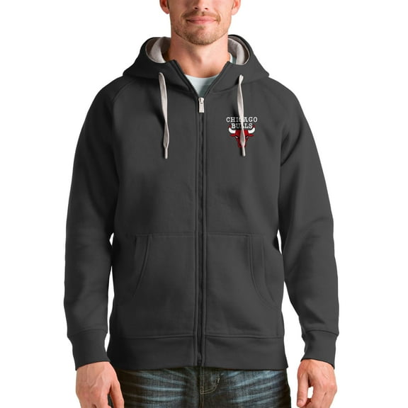Men's Antigua Charcoal Chicago Bulls Logo Victory Full-Zip Hoodie