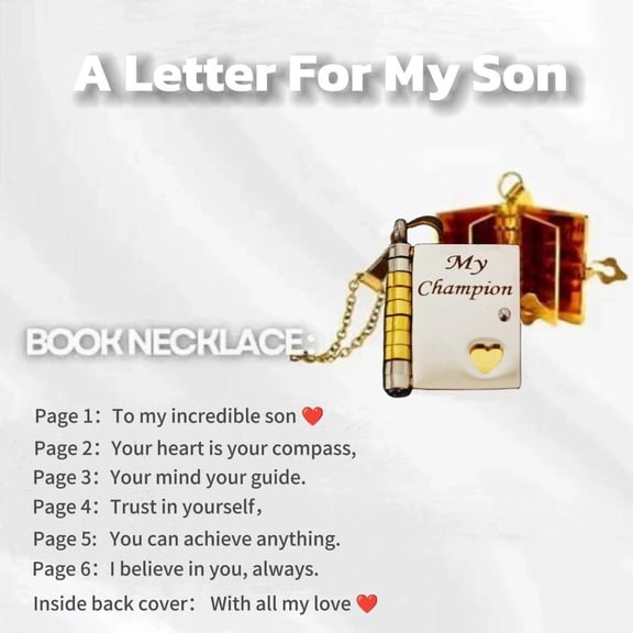 For Son - My Champion Book Necklace Openable Pages Engraved Letter Stainless Steel Necklace Engraved Hidden Message Necklace