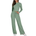 thumbnail image 2 of Women'S Two Piece Sets Long Sleeve Crop Tops Flare Pants Ribbed Knit Matching Pajamas Set Fall Outfits Green XXL, 2 of 6