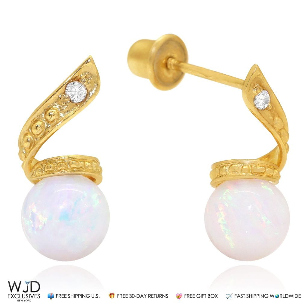 14k Whtie Gold 0.05Ct Diamond White Opal Dangle Ball Stud Swirl Earrings 0.5 