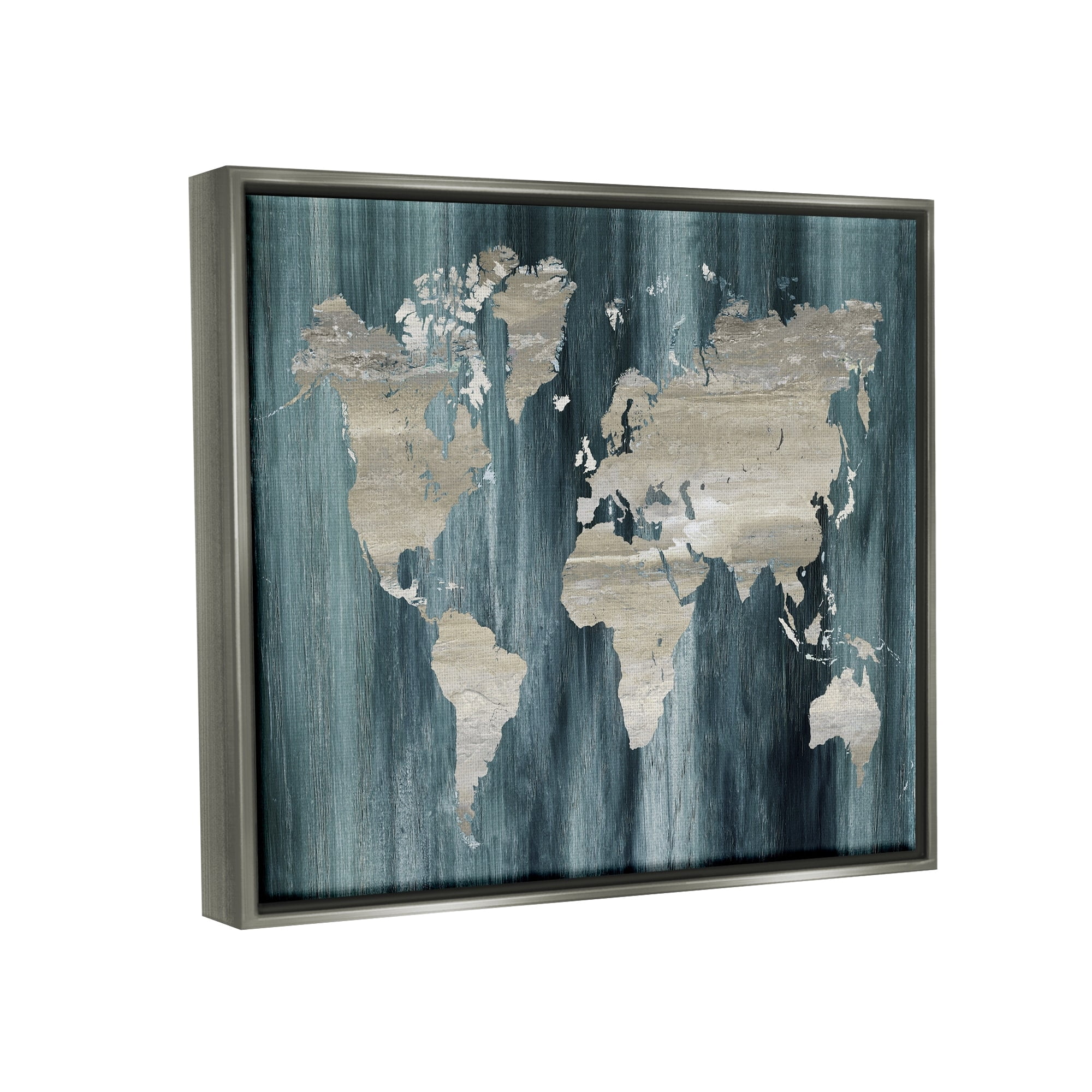 Stupell Industries Rustic Grain Patterned World Map Country Shapes Graphic Art Luster Gray Floating Framed Canvas Print Wall Art, Design by Nan