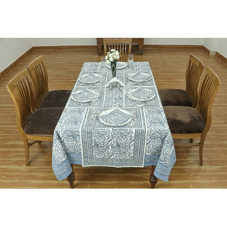 

Blue & Green Indian Hand Block Leaf Print 100% Pure Cotton Tablecloth Table Cover Wedding Tablecloth 48x102 Inches