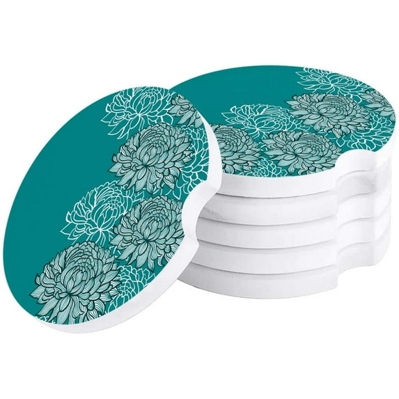 FMSHPON Retro Blue Green Chrysanthemum Set of 4 Car Coaster for Drinks, Absorbent Ceramic Stone Coasters Cup Mat with Cork Base for Home Kitchen Room Coffee Table Bar Decor
