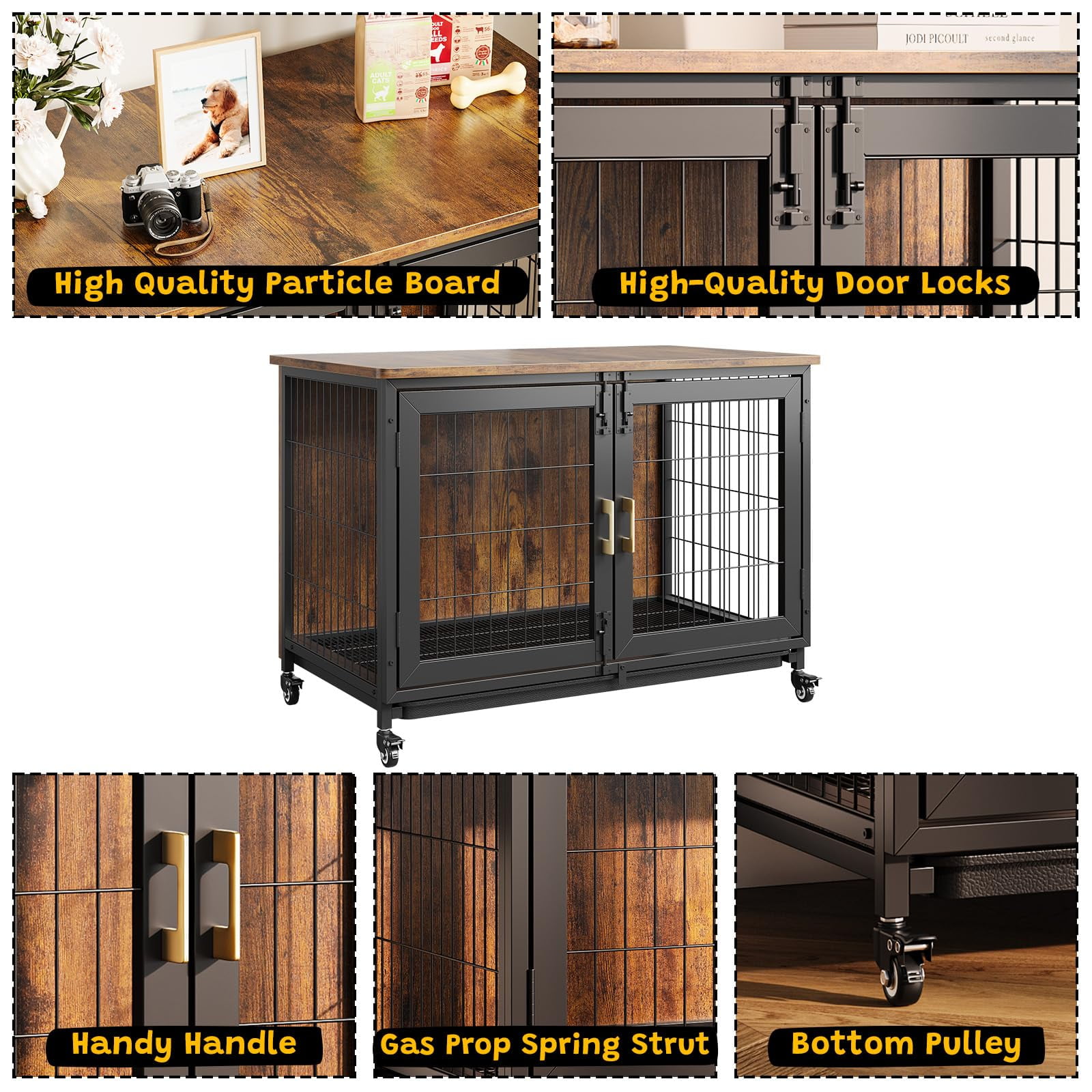 Juiluna 37.5 Inch Dog Kennel Furniture, Heavy Duty Dog Crate Furniture with Wheels, Grid Base, Removable Tray, Latches, Indoor Farmhouse Dog Cage for Medium and Small Dogs, Brown