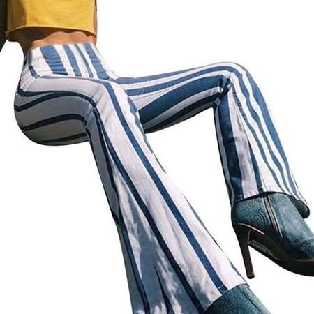KABOER Women's Blue and White Striped Printed Flared Pants Slim Slimming Yoga Pants Printed Wide Leg