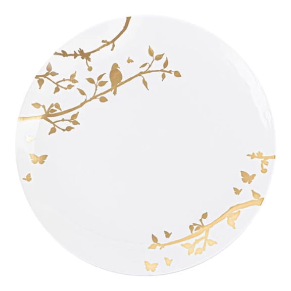 10 Piece Set of Spring Collection White and Gold Plastic Dinner Plates 10" for Dinner Parties, Wedding, Thanksgiving