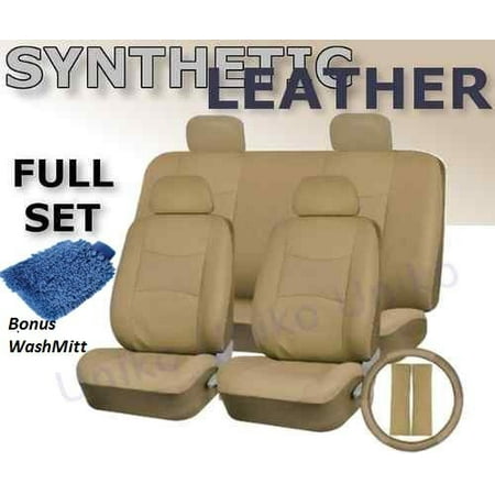 Full Set Pu LEATHER Universal Synthetic 11pc Car Seat Covers Solid TAN Color Free Bonus Steering Wheel & Shoulder Pads