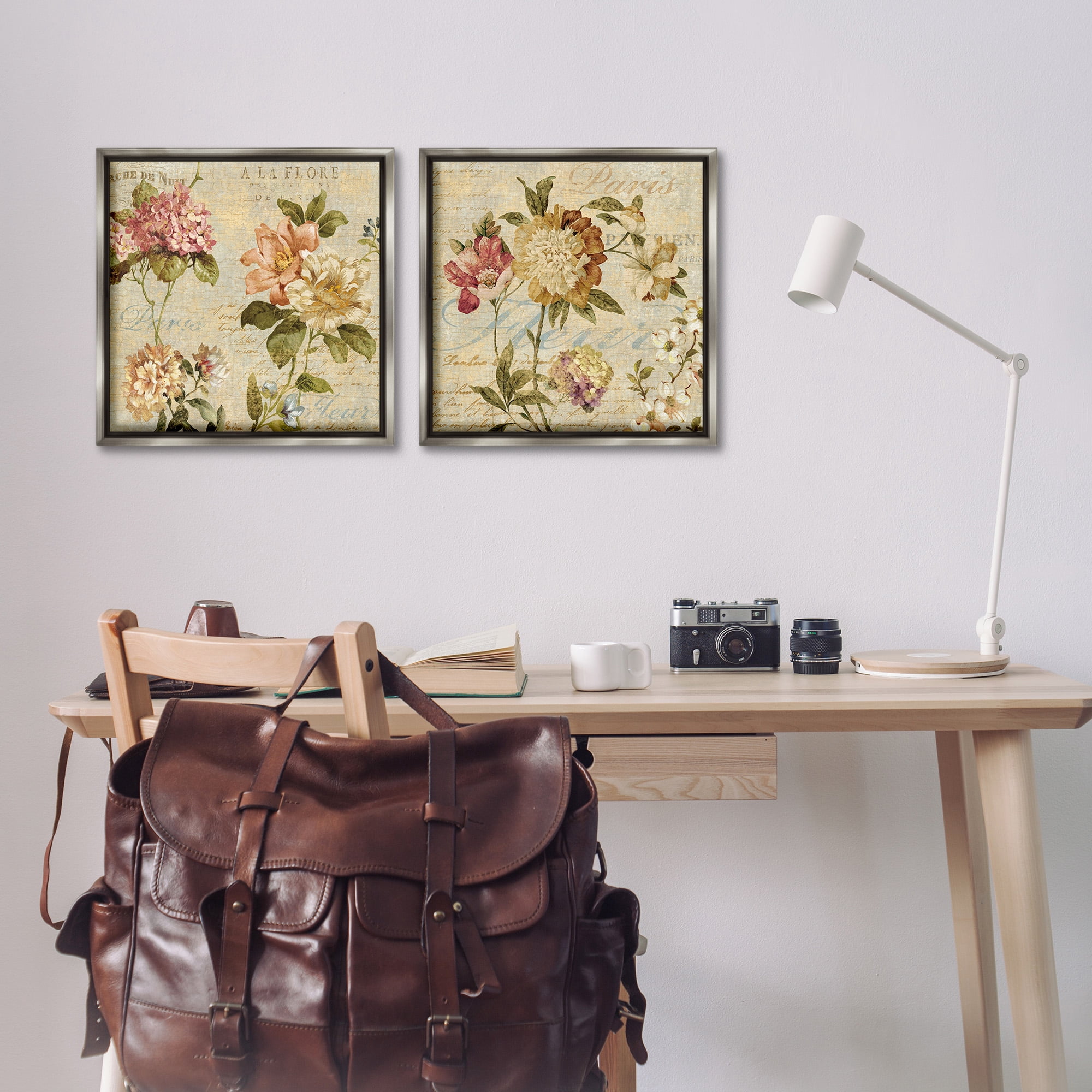 Stupell Industries Vintage French Floral with Script Botanical & Floral Painting Gray Floater Framed Canvas Art Print Wall Art, 18 x 18, Set of 2