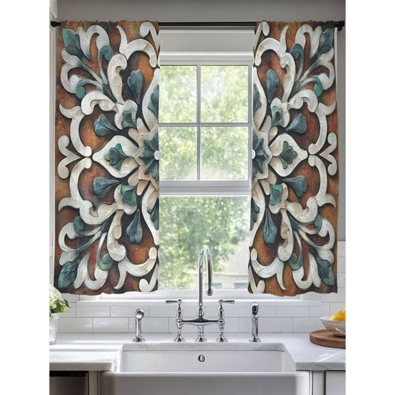 Brown Teal Boho Sheer Curtains for Living Room Bedroom Ethnic Rustic Abstract Flowers Sheer Curtains 63 Inch Long 2 Panels Set Light Filtering Curtain Window Treatments Drapes for Dining Room