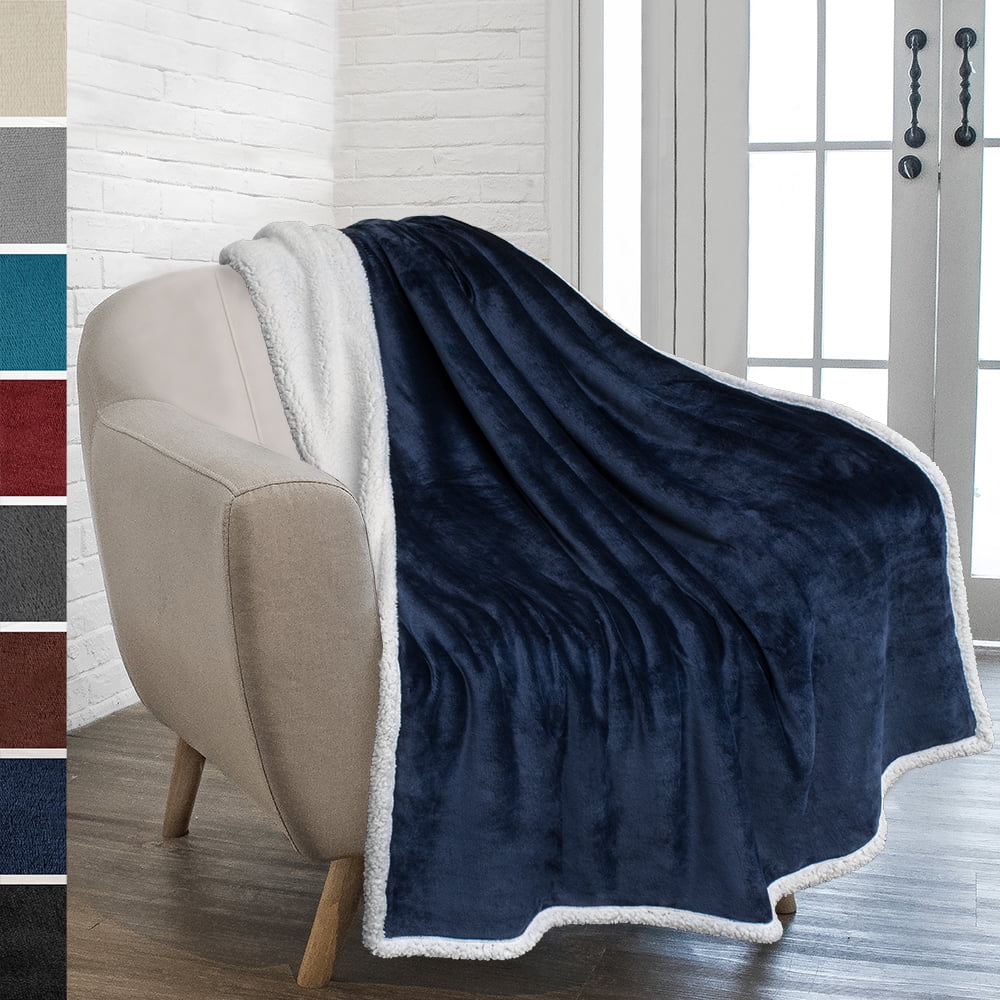 PAVILIA Plush Sherpa Fleece Throw Blanket Navy Soft, Warm, Fuzzy Dark